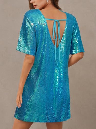 Ophestin Women's Sparkly Sequin T Shirt Dress Short Sleeve Crewneck Tie Backless Glitter Party Club Dresses