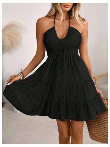 SOLY HUX Women's Summer Mini Dress Halter Backless Sleeveless A Line Ruffle Hem Flowy Cami Dresses Sundress