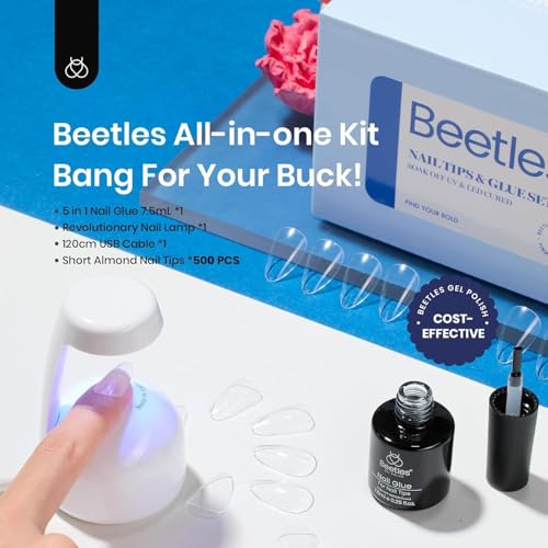Beetles Gel Nail Kit Almond-500Pcs Gel Nails Tip Easy Extension Set Short Almond Shape 9 In 1 Nail Glue Extension Set Uv L...