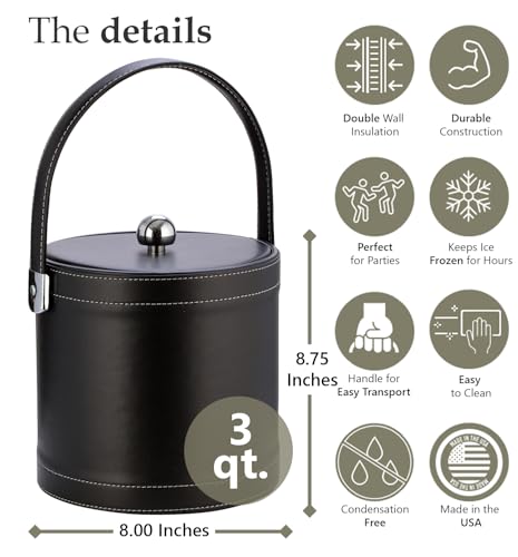 Kraftware Ice Bucket with Stitched Handle, Fabric Lid and Chrome Astro Ball Knob, Black - 3 Quart