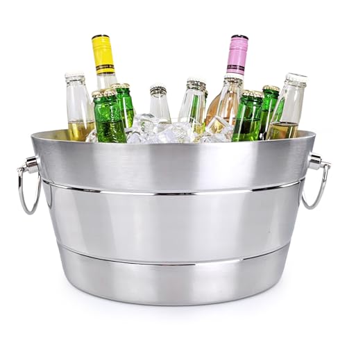 BREKX Stainless Steel Ice Bucket for Parties, Double Wall Insulated Anchored Brushed Drink Tub & Wine Bucket with Double H...