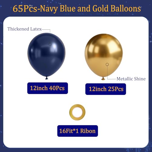 Navy Blue and Gold Balloons, 65pcs 12inch Blue and Gold balloons for Anniversary Wedding New Year Birthday Party Graduatio...
