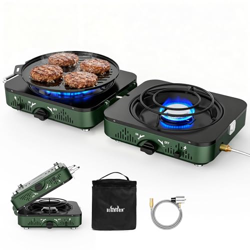 BIG HORN OUTDOORS 2 Burner Propane Camping Stove, Portable Camp Stove, Folding Gas Stove, Includes Frying Pan & Carry Bag ...