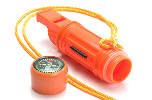 SE 5-in-1 Orange Survival Whistle with Compass, Signaling Mirror, Lanyard, and Fire Starter - 112dB, 4.5-Inch Length - Ide...