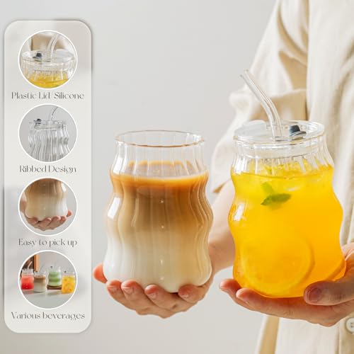 KEMORELA 4PCS Ribbed Glass Cups with Lids & Straws – 18oz Vintage Wavy Coffee Cups, Bubble Glass Aesthetic for Iced Coffe...