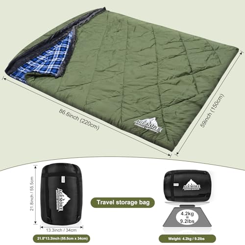 AGEMORE Cotton Flannel Double Sleeping Bag with Fleece Lined Hood, Waterproof Queen Size 2 Person Sleeping Bag for Adults ...