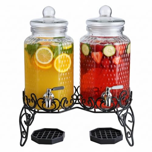 Double Glass Beverage Dispenser Set - 2 Gallon Punch Dispensers with Stand, Spigot, and Drip Trays | Ideal for Juice, Tea,...