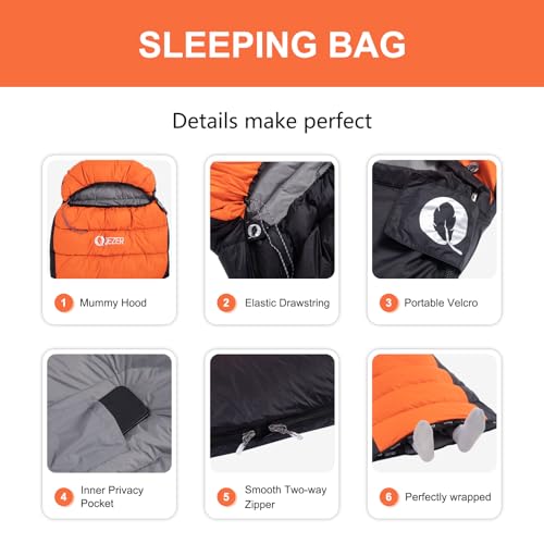 QEZER Ultralight Down Sleeping Bag for Adults - 600 Fill Power, Cold Weather, Backpacking, Camping, Hiking