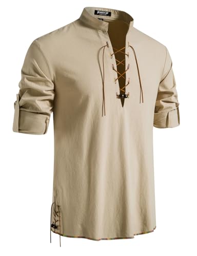 JEMITOP Men's Pure Cotton Retro Lace Up Shirts for Renaissance Pirate Medieval Viking