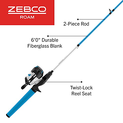 Zebco Roam Spincast Reel and Fishing Rod Combo, 6-Foot 2-Piece Fiberglass Fishing Pole with ComfortGrip Handle, Quickset A...