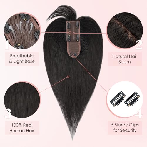 Hairro Human Hair Topper with Wispy Bangs, Clips on 360¡Æ 3D Cover Real Hairpieces Lightweight, 2.25"x6" Base for Women with High Hairline/Thinning Hair, 8 Inch Natural Black Bangs