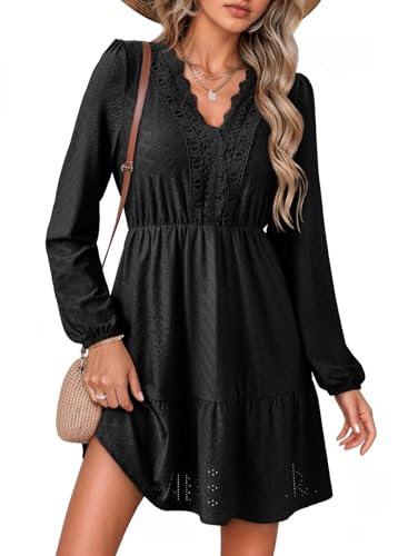 Dokotoo Spring Dresses for Women 2026 Elegant Lace Hollow Out Embroidered V Neck Long Sleeve Casual A-Line Swing Mini Dress