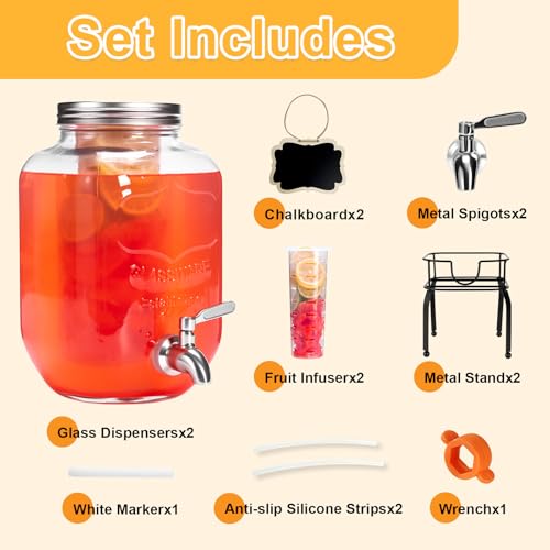 2 Pack1 Gallon Glass Drink Dispensers For Parties,Beverage Dispenser with Stand,304 Stainless Steel Spigot Leakproof,Lemon...