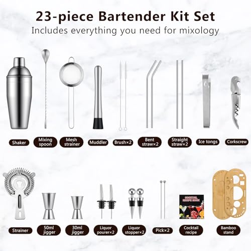 Roylvan Bartender Kit, 23 Piece Professional Cocktail Shaker Set with Stand Shaker Spoon Jiggers Cocksrew, All Essential B...