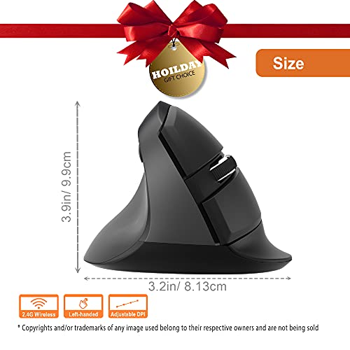 J-Tech Digital Ergonomic Left Hand Mouse with Wireless Connection, AA Battery, 2.4GHz Nano Transceiver, 800, 1200, 1600, 2...
