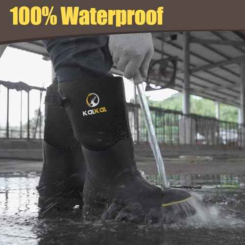 Kalkal Steel Toe Rubber Boots for Men - Waterproof Anti Slip Work Boots 6mm Neoprene Rain Boot Durable Hunting Boots with Steel Shank for Farming Gardening Construction Outdoor Work Black Size 9