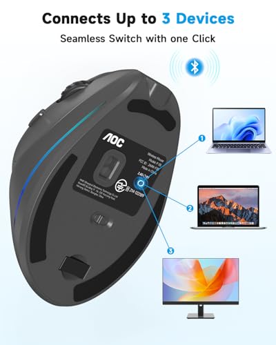AOC 2.4GHz Ergonomic Mouse, Wireless Bluetooth Vertical Mouse for Work, 4800 DPI Optical Tracking, 5 Adjustable DPI, Quiet...