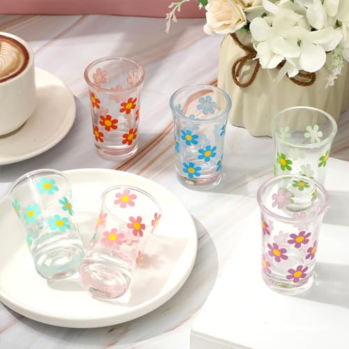 Whaline 6Pcs Daisy Shot Glasses 6 Colors Daisy Flower Drinking Glasses 1.7oz Colorful Small Glass Shot Cups for Party Bar ...