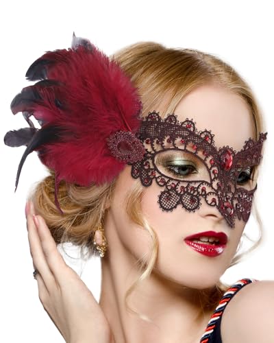 Zinniday Halloween Feather Masquerade Masks - 1920s 50s Antique Lace Venetian Mask for Women Renaissance Cosplay Party
