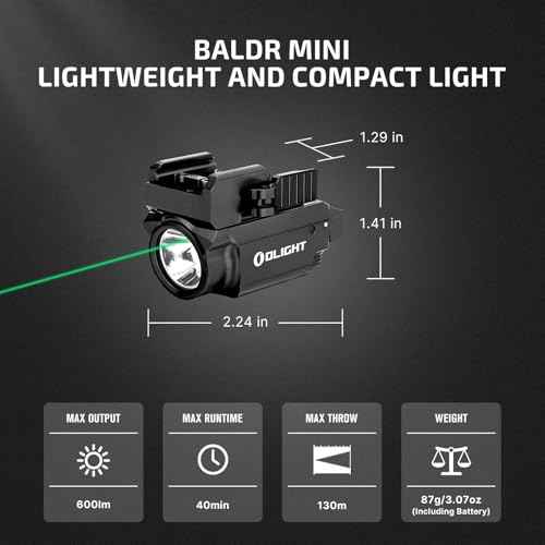 OLIGHT Baldr Mini 600 Lumens with Green Beam and White LED Combo, Magnetic USB Compact Rechargeable Tactical Flashlight with Adjustable Rail for G19, G45, Sig P320, and so on(Desert Tan)