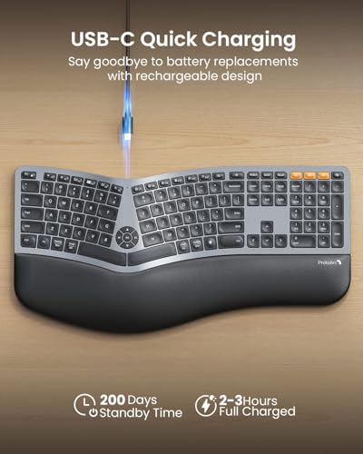 Backlit Bluetooth Ergonomic Keyboard, ProtoArc EK01 Plus Full Size Wireless Split Keyboard with Dual Bluetooth and USB, Cu...