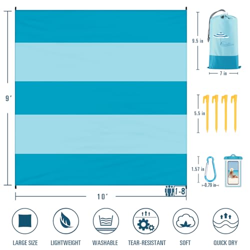 Famstar Beach Blanket Sandproof Waterproof 10'×9' 1-8 Adults Oversized,Compact Lightweight Durable Beach Mat for Travel Ca...