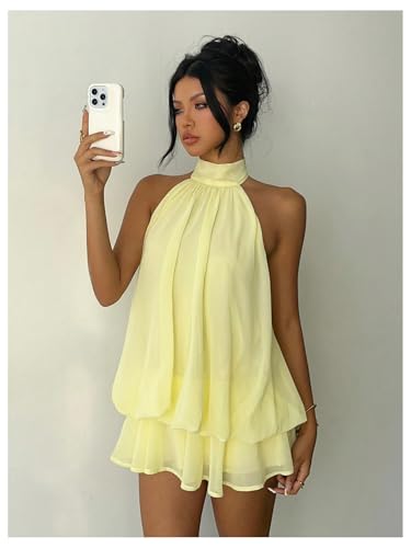 Verdusa Women's Chiffon Halter Drop Waist Wedding Guest Dresses Ruffle Summer Mini Dress Brunch Outfits