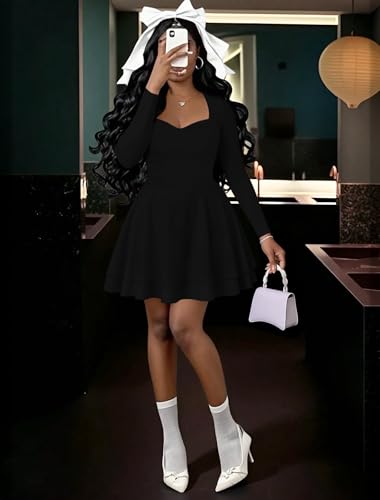 IWD Women's Square Neck Long Sleeve Mini Dress Ruched Corset Waist Tiered Ruffle Hem A Line Short Party Dresses