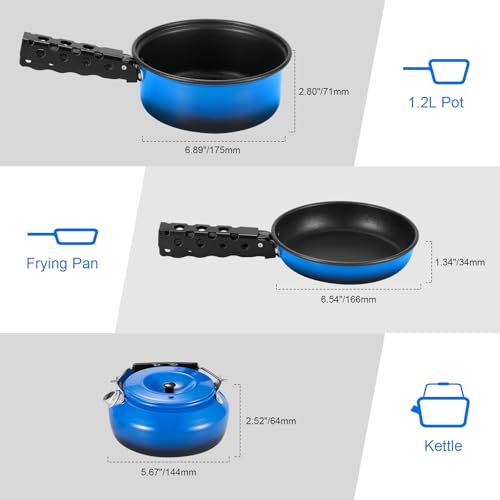 Odoland 5pcs Camping Cookware Non-Stick Camping Pot and Pan Set with Kettle and Removable Handle for Hiking Backpacking an...
