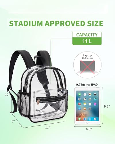 MAY TREE Clear Backpack for Stadium Events, 12x11x5 Inches Small Clear Backpack for Concert Festival Sports Outdoor - Black