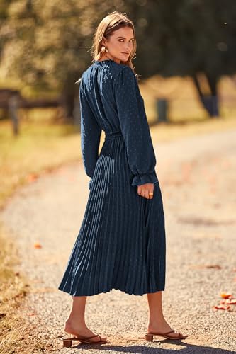PRETTYGARDEN Women's 2026 Spring Fall Midi Dress Casual Long Sleeve V Neck Swiss Dot Pleated A Line Flowy Dresses