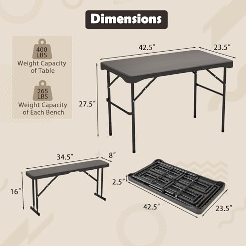 Giantex Folding Picnic Table Bench Set, Rectangular Patio Dining Table Set for 4, with HDPE Tabletop, Metal Frame, Space-S...