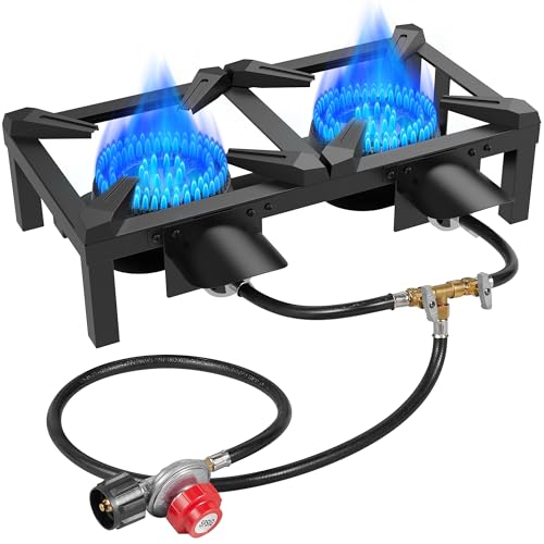 BESTFIRE Double Burner Propane Camping Stove with Independent Control Valves & 5PSI Hose - Heavy Duty Portable Outdoor Coo...