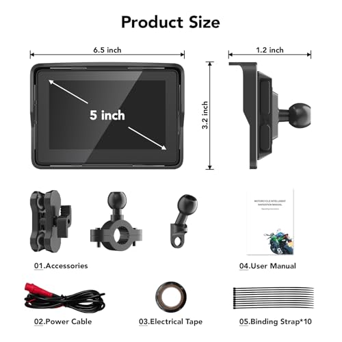 YCV Motorcycle Carplay Screen, Wireless CarPlay & Android Auto for Motorbike, Carplay Motorcycle GPS Navigation, 5" IP67 W...