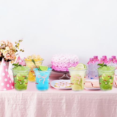 SYUCVQI 40 Pcs Cherry Plastic Cups Pink Bow Drinking Cups for Coquette Party Supplies 12oz Disposable Cup for Pink Cherry ...