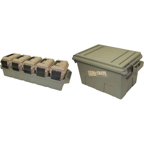 MTM AC5C 5-Can Ammo Crate Mini, Convenient size, Store 650 rounds of 9mm bulk ammo, Stackable & ACR7-18 Ammo Crate Utility Box, Large, Green, Forest Green/Black