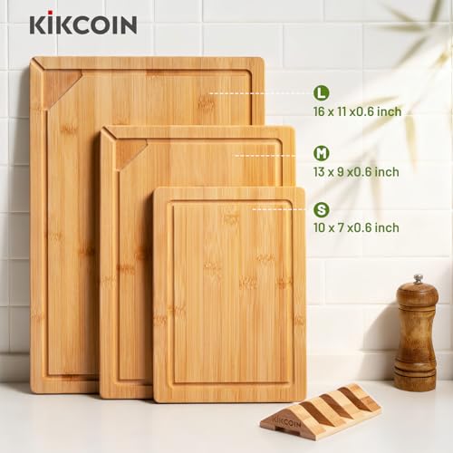 Kikcoin Bamboo Cutting Boards for Kitchen, 3 Piece Wood Cutting Board Set with Stand and Non-slip Feet, Knife Friendly Cho...