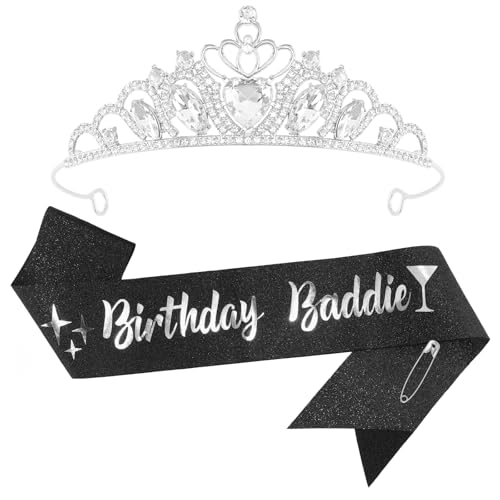 FASOTY Birthday Baddie Sash and Crown Tiara - Silver Crown and Glitter with Dazzling Foil Birthday Sash for Women Girls Fu...