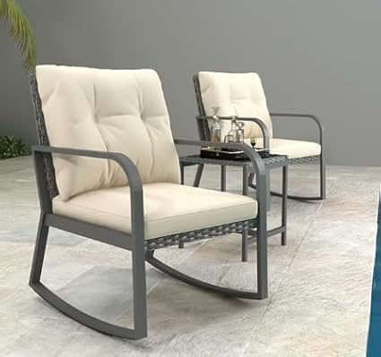 HLNPTN 3 Pieces Patio Furniture Set, Rocking Chairs Wicker Outdoor Bistro Set Armchair Patio Furniture Conversation Sets with Tempered Glass Top Coffee Table & Cushions, Off White