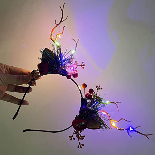 LED Glowing Tiara Reindeer Antlers Hair Accessories Christmas Party Hair Hoop Headwear Hair Accessories for Women (Colorfu...