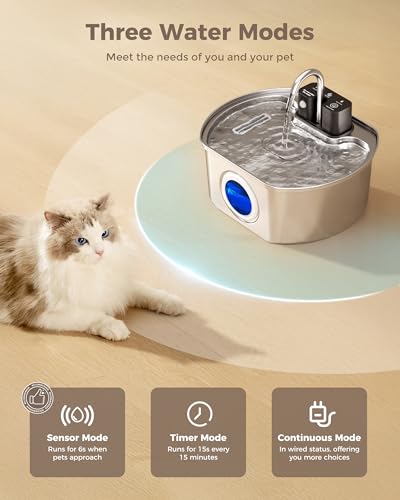 Cat Water Fountain Stainless Steel - Wireless 3.2 L/108 oz Battery Operated Automatic Pet Drinking Fountain for Cats - Cor...