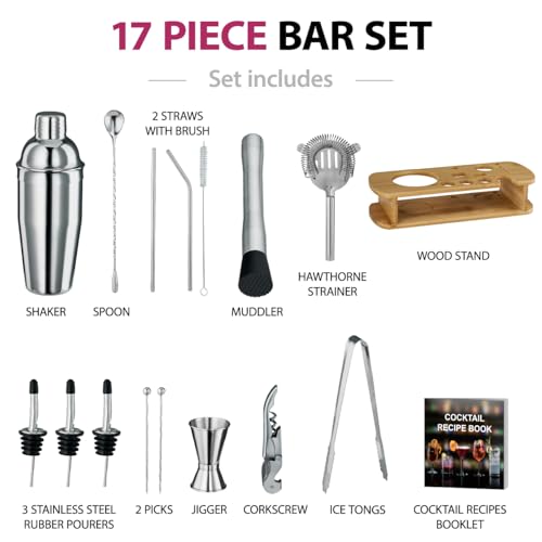 Cocktail Shaker Set - 17 Piece Stainless Steel Mixology Bartender Kit, Drink Martini Shaker, Home Bar Accessories, Cocktai...