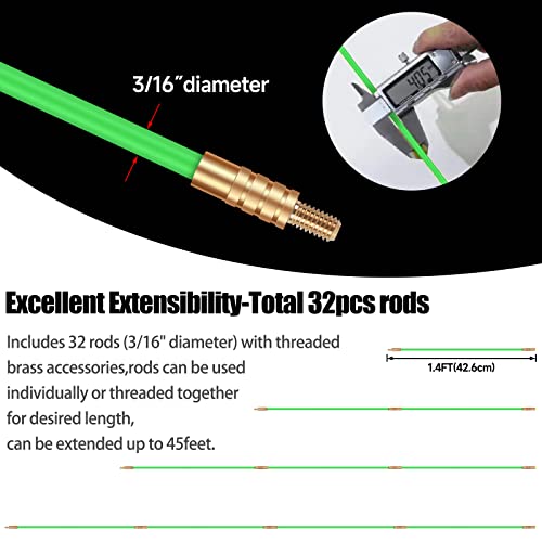 FTIHTRY 45FT Fiberglass Running Electrical Wire Cable Glow Rods Wire Pulling, Fish Rods Electrical Kit with 8 Different At...