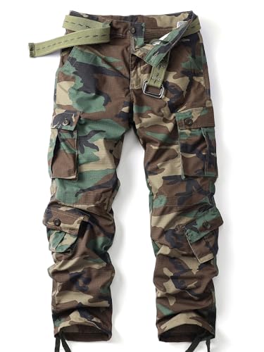AKHIKING Men's Camo Cargo Work Pants Ripstop Lightweight Wild Army Military BDU Outdoor Trousers with 8 Pocktets (No Belt)