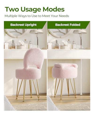 GREENSTELL Small Vanity Stool Chair with Storage and Folding Back, 13" x 13" x 17.7" Faux Fur Soft Ottoman for Teenager, 4...