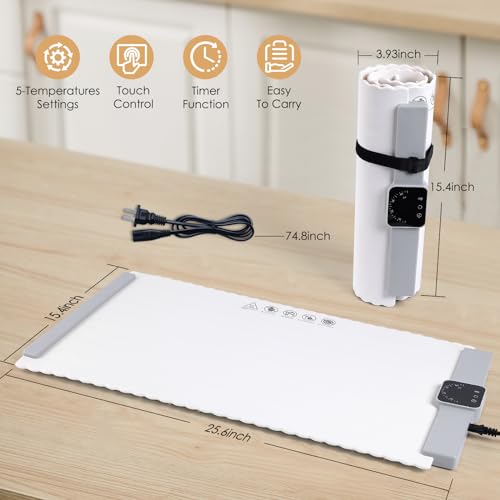 Food Warming Mat - 5 Temperature Settings, 4-Hour Timer, Child Lock, Flexible Silicone, Easy Clean, Multi-Use, Perfect for...