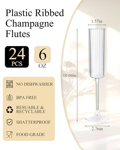 Ciaell 24 Pack Plastic Champagne Flutes - 6oz Ribbed Disposable Champagne Glasses - Clear Vintage Mimosa Glasses with Long...