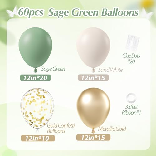 Sage green Balloons, 60pcs 12inch Sage green Sand White Metallic Gold Confetti Balloons for Boho Birthday Wedding Bridal B...