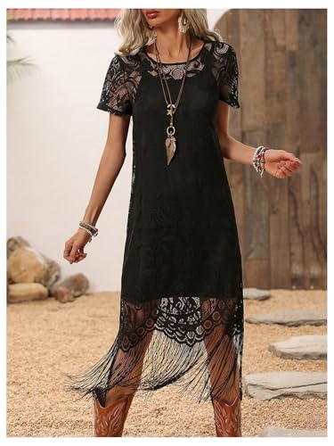 WDIRARA Women's Western Concert 2 Piece Outfits Short Sleeve Sheer Fringe Dress and Cami Dress Set
