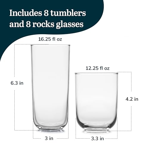Libbey Polaris Tumbler and Rocks, Axis Glass Cups Set of 16, Elegant Mixed Drinking Glasses with Modern Clean Lines, Dishw...